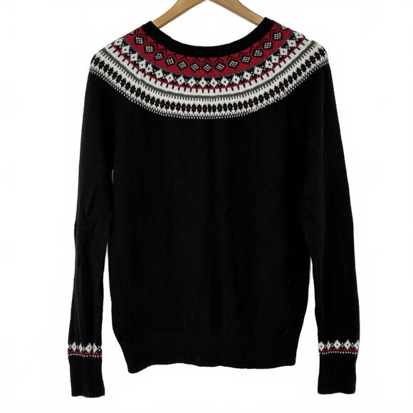 Talbots Women's Lambswool Blend Fair Isle Cabincore Black Red Sweater Sz Medium - Picture 2 of 6